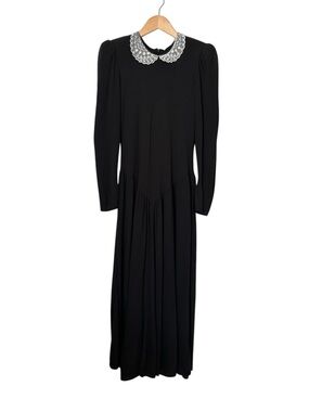 Black Long-Sleeve Maxi Dress with Decorative White Peter Pan Collar